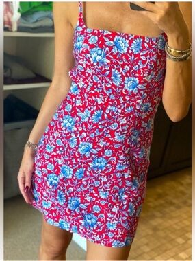 Mango Red Dress with Blue & White Floral Print